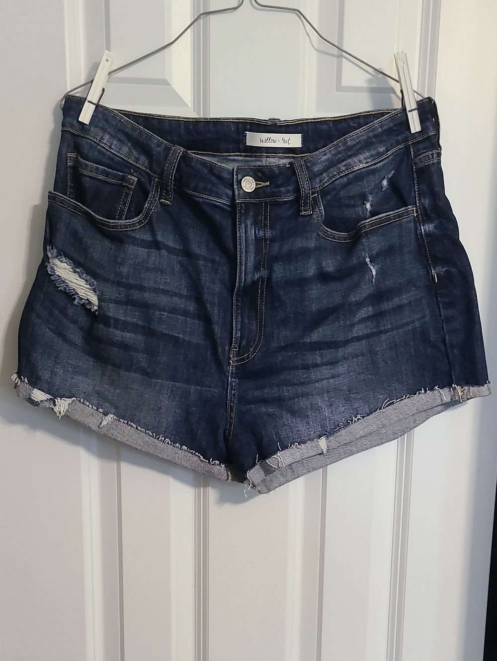Dark Blue Denim Shorts - Distressed High-Rise Womens